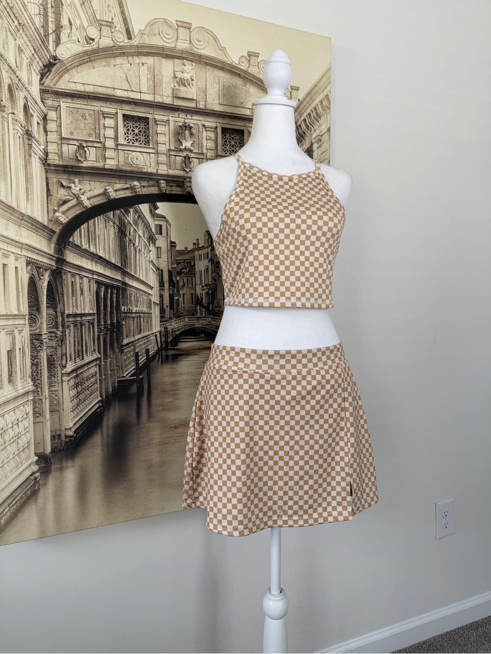 Like New Checkerboard Halter Crop Top & Skirt Set - Beige - Picture 5 of 16